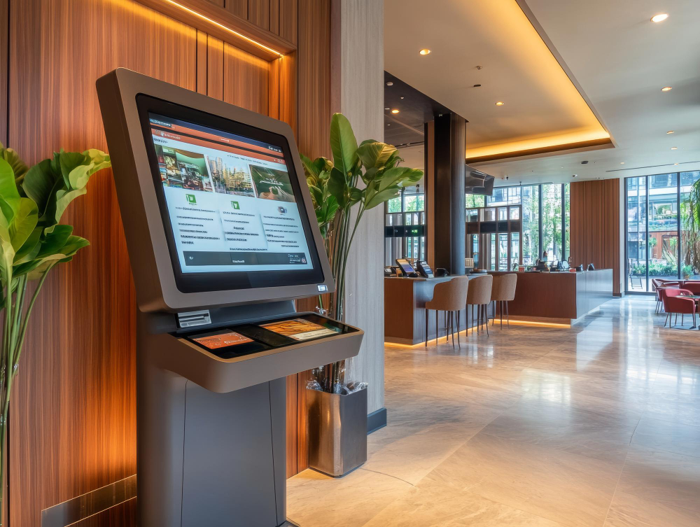 Lobby with Vendfun self check-in kiosks that redefine hotels through faster, contactless guest arrivals