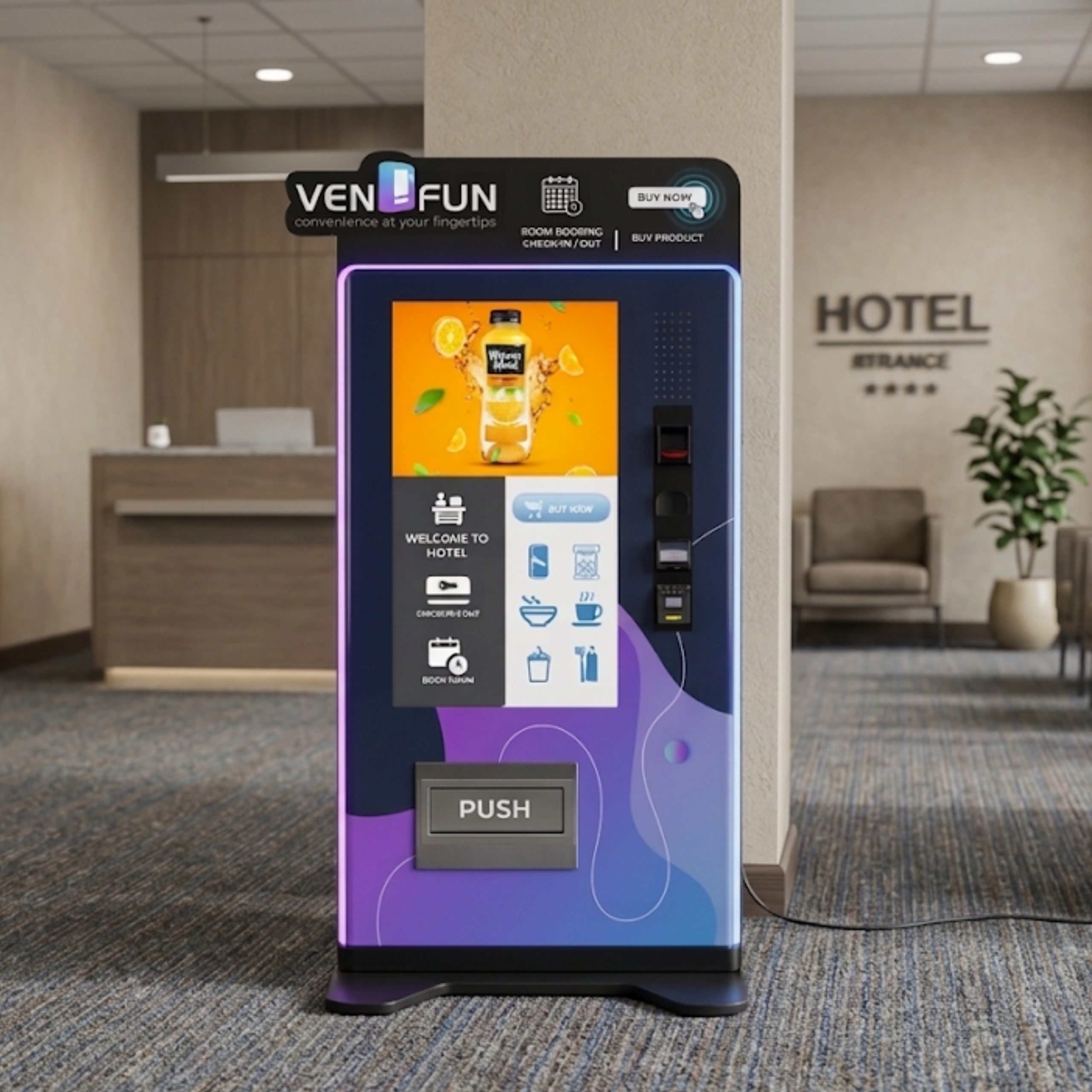 Vendfun Hybrid Kiosk Product View Vendfun Hybrid Kiosk installed in a hotel lobby, offering self-service check-in and automated key dispensing