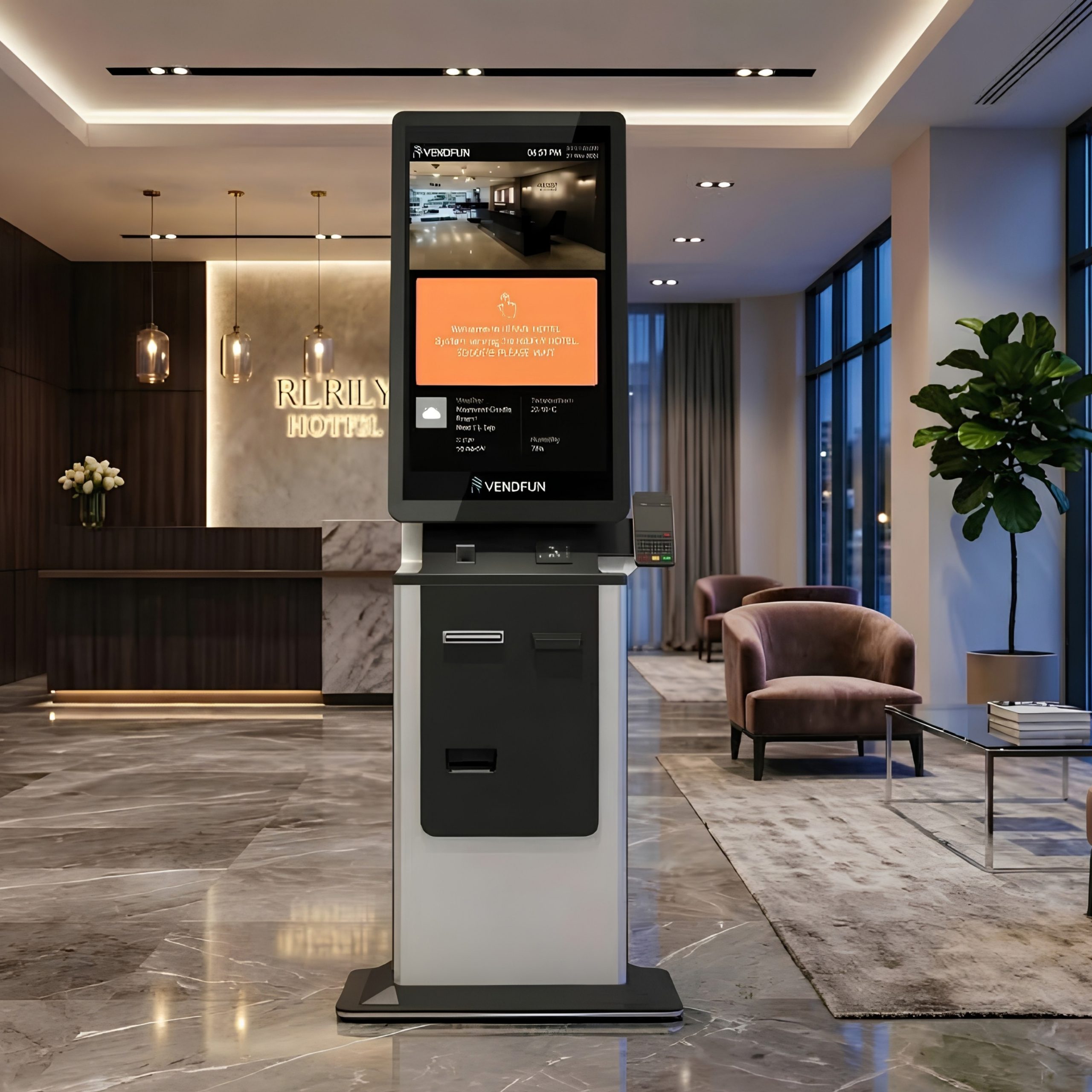 Vendfun Slim Kiosk Vendfun Slim Kiosk featuring a 32-inch touchscreen display for hotel self-service check-in and lobby automation